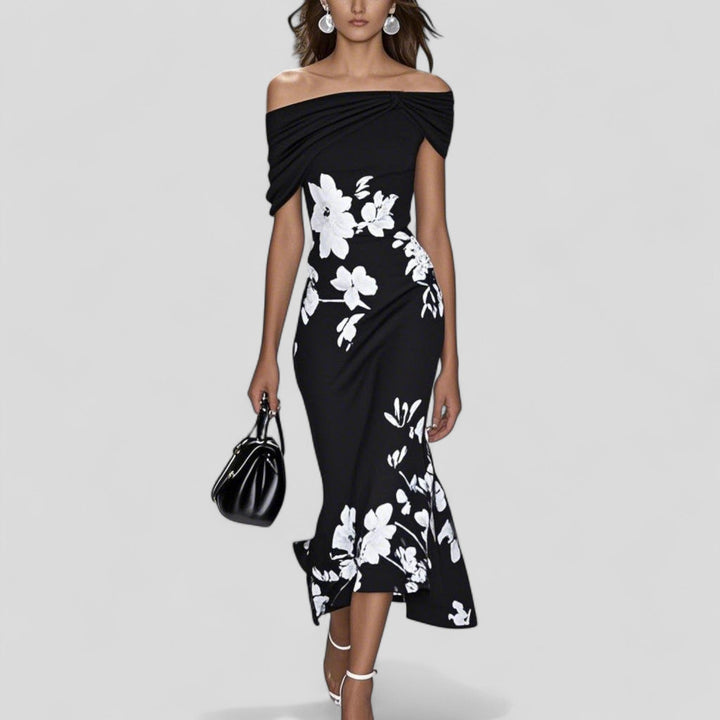 Women's  Off-Shoulder Floral Midi Dress Ruffle Hem