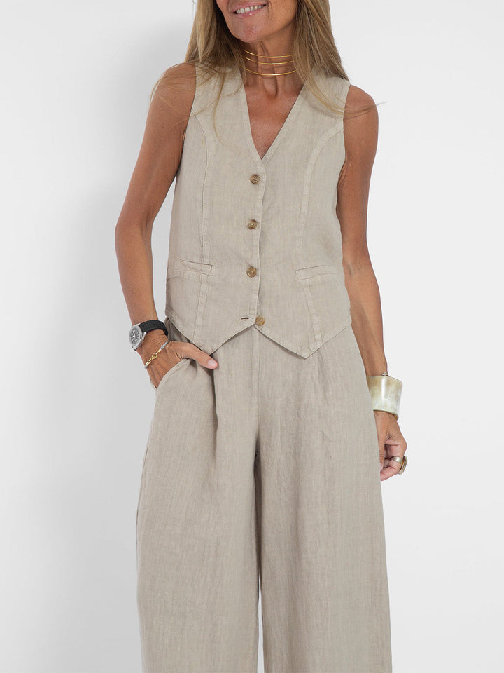 Women's Buttoned Vest & Wide-Leg Trousers Set