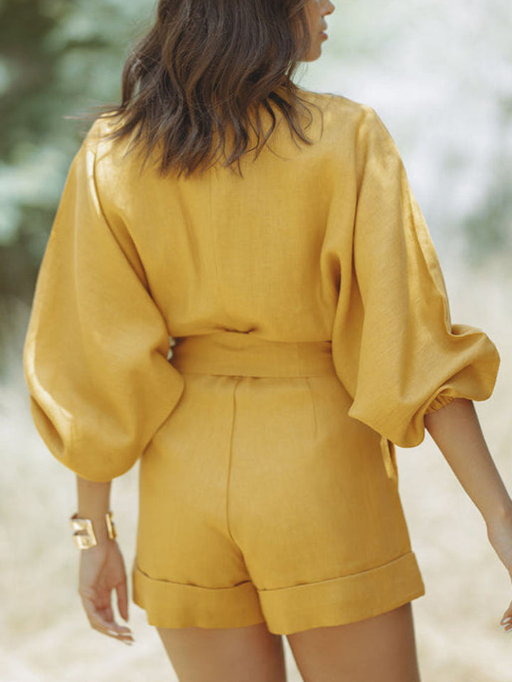 Women's Casual Belted Long Sleeve Shorts Romper Jumpsuit