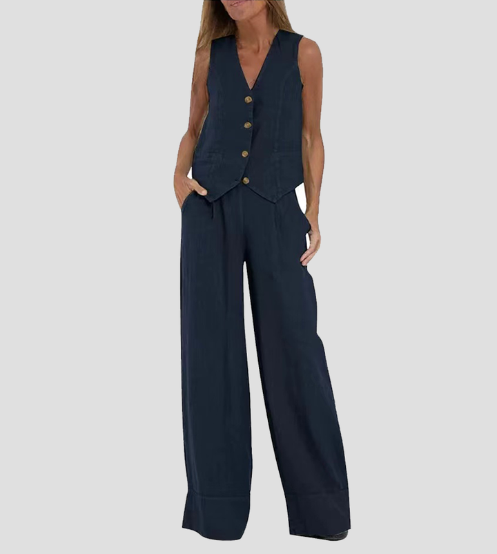 Women's Buttoned Vest & Wide-Leg Trousers Set