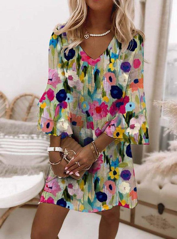 Women's Romantic Floral Print V-Neck Mini Dress