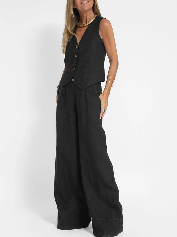 Women's Buttoned Vest & Wide-Leg Trousers Set