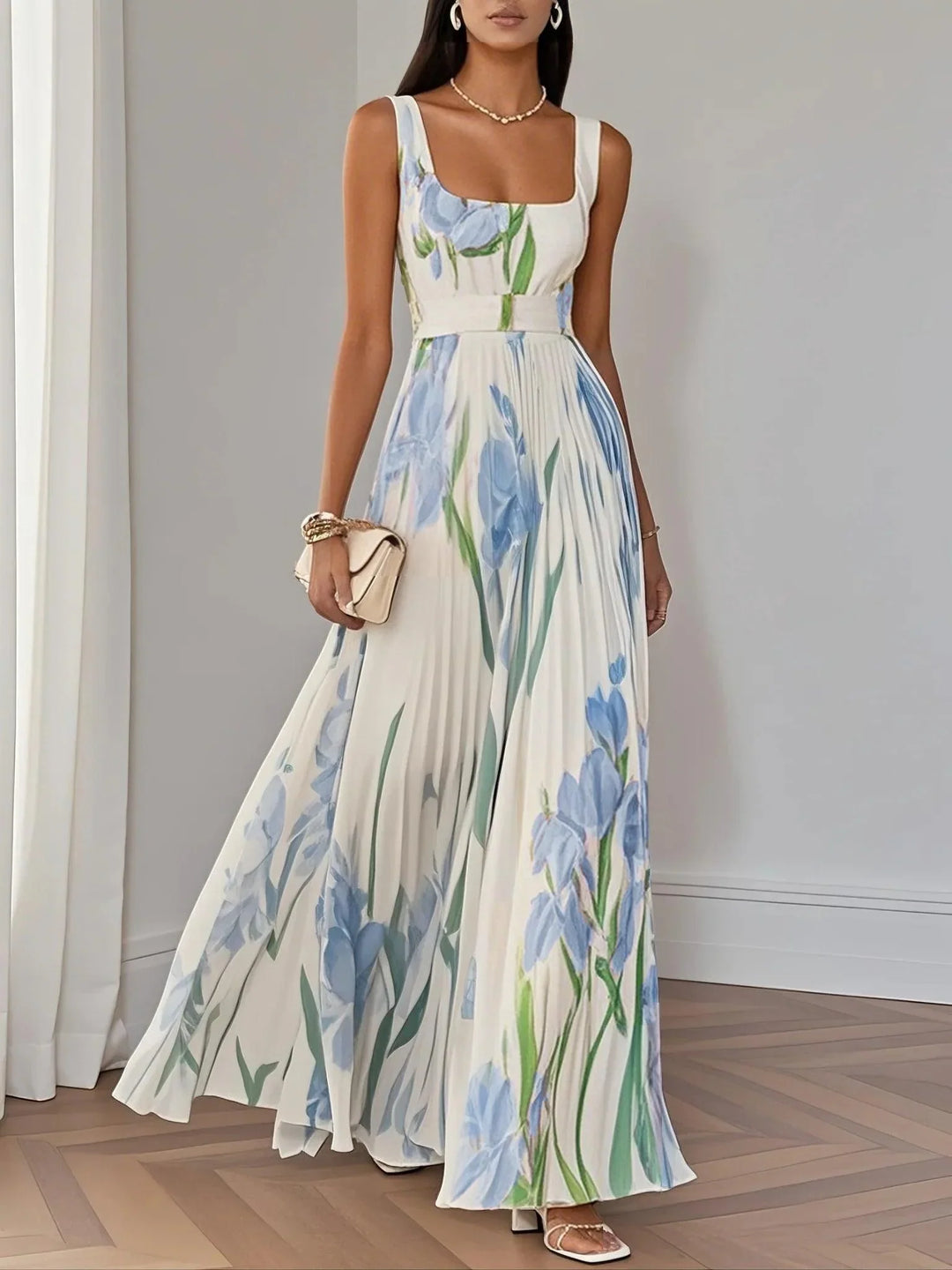 Women's White Pleated Floral Maxi Dress