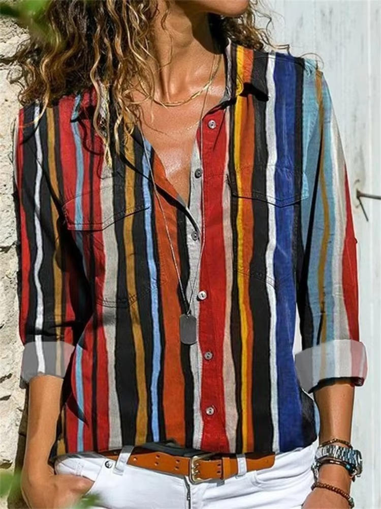 Women's Printed Long Sleeve Button Down Casual Blouse