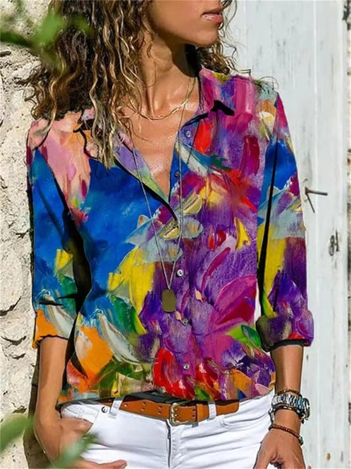 Women's Printed Long Sleeve Button Down Casual Blouse