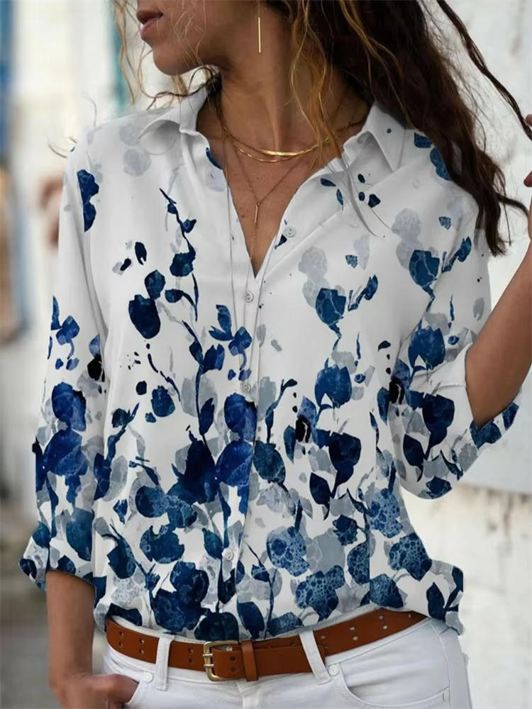 Women's Printed Long Sleeve Button Down Casual Blouse
