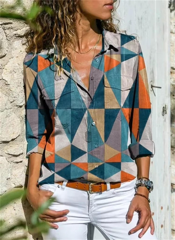 Women's Printed Long Sleeve Button Down Casual Blouse