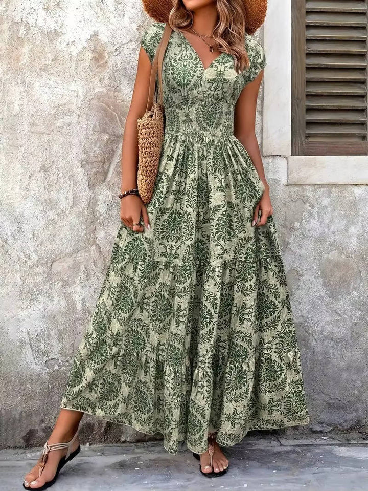 Women's Smocked Boho Print Tiered Maxi Dress