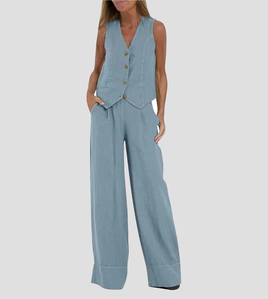 Women's Buttoned Vest & Wide-Leg Trousers Set