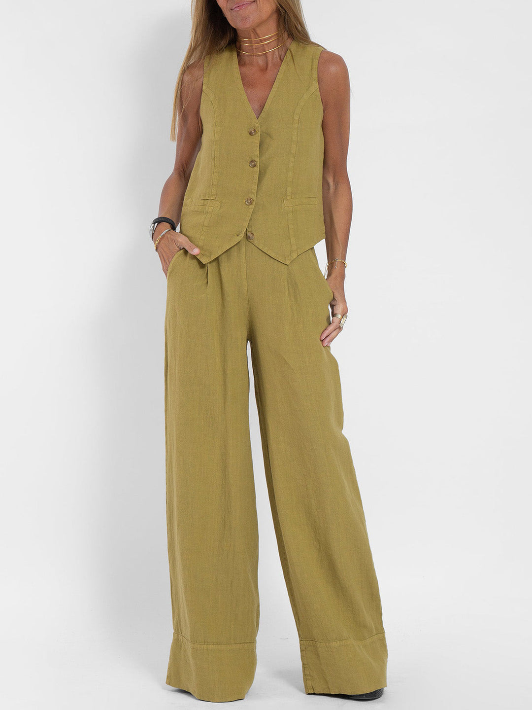Women's Buttoned Vest & Wide-Leg Trousers Set