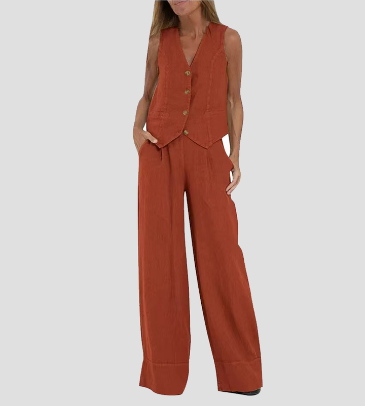 Women's Buttoned Vest & Wide-Leg Trousers Set