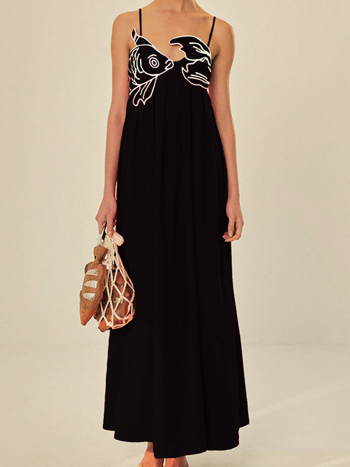 Women's Embroidered Spaghetti Strap Maxi Shift Dress