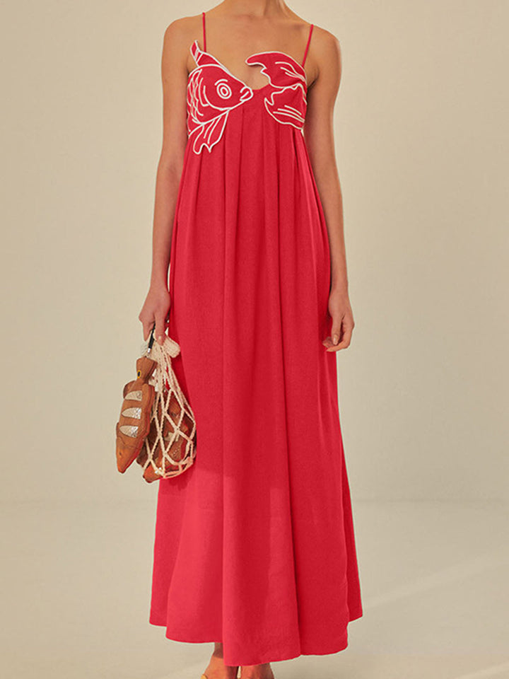 Women's Embroidered Spaghetti Strap Maxi Shift Dress