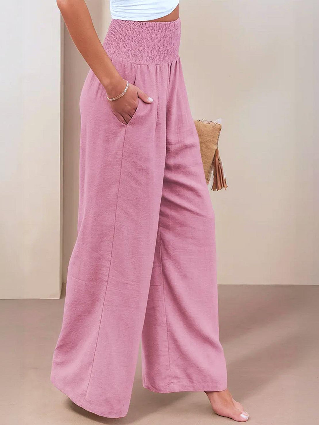 Women's Wide Leg Pants High Waist Smocked Palazzo Trousers