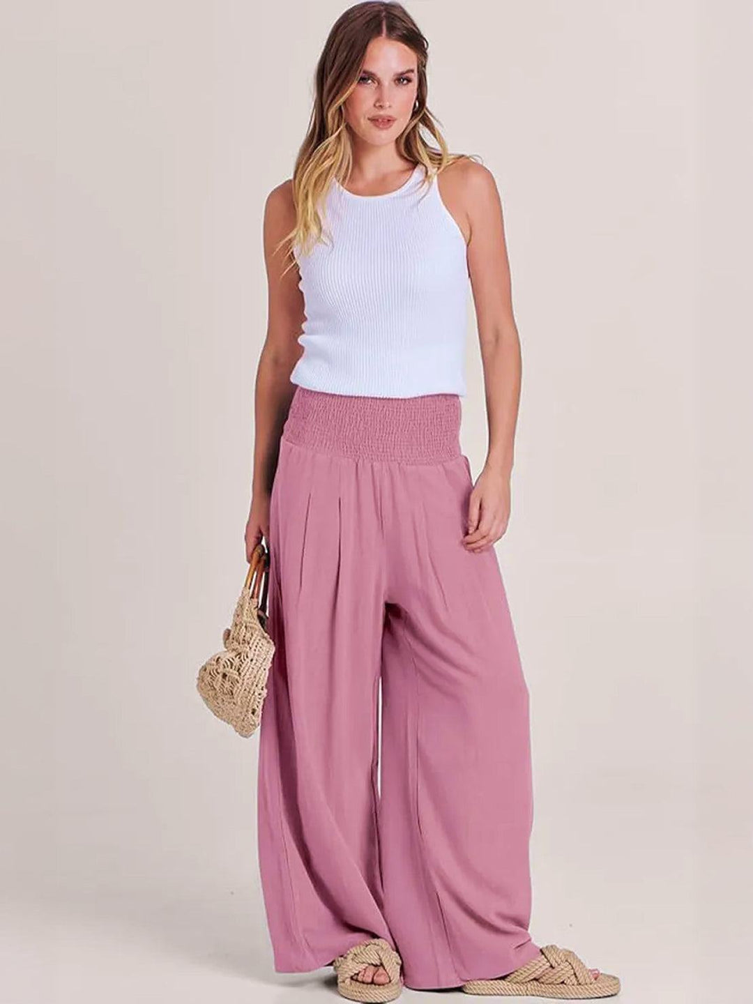 Women's High Waist Wide Leg Pants Smocked Waistband