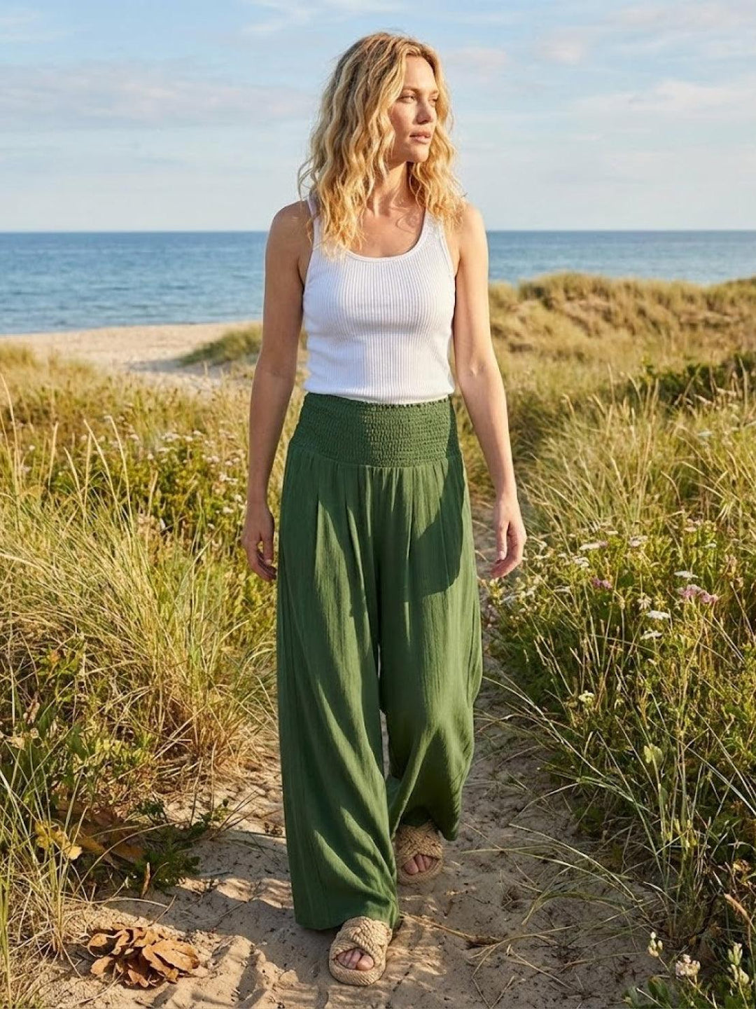 Women's Wide Leg Pants High Waist Smocked Palazzo Trousers