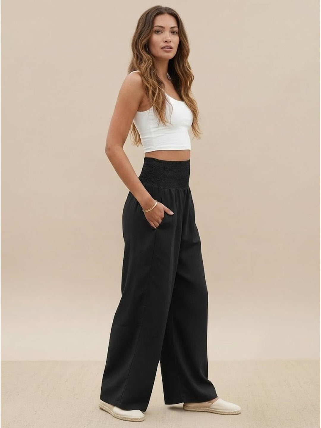 Women's Wide Leg Pants High Waist Smocked Palazzo Trousers