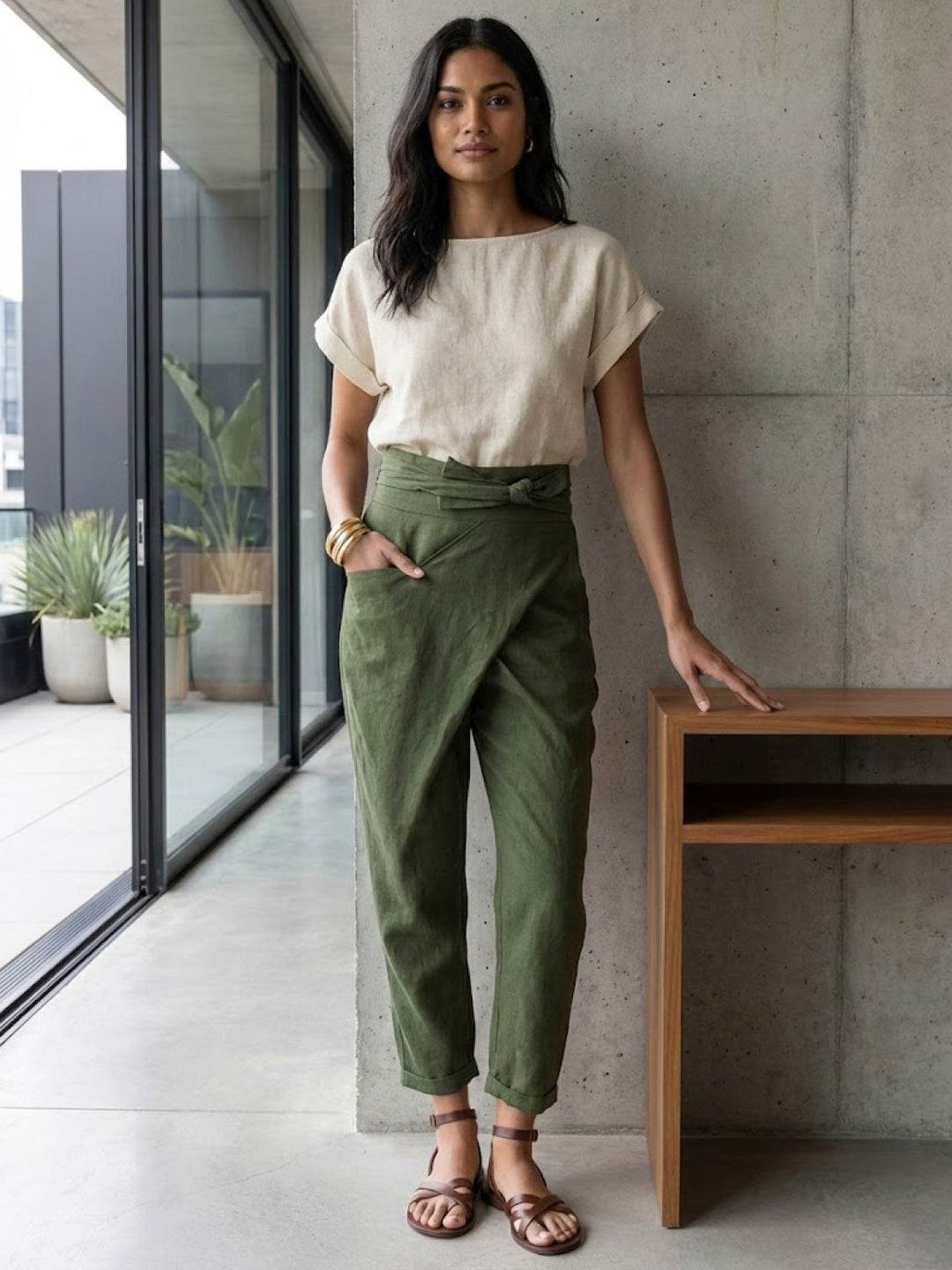 Women's High Waist Wrap Front Cropped Tapered Pants