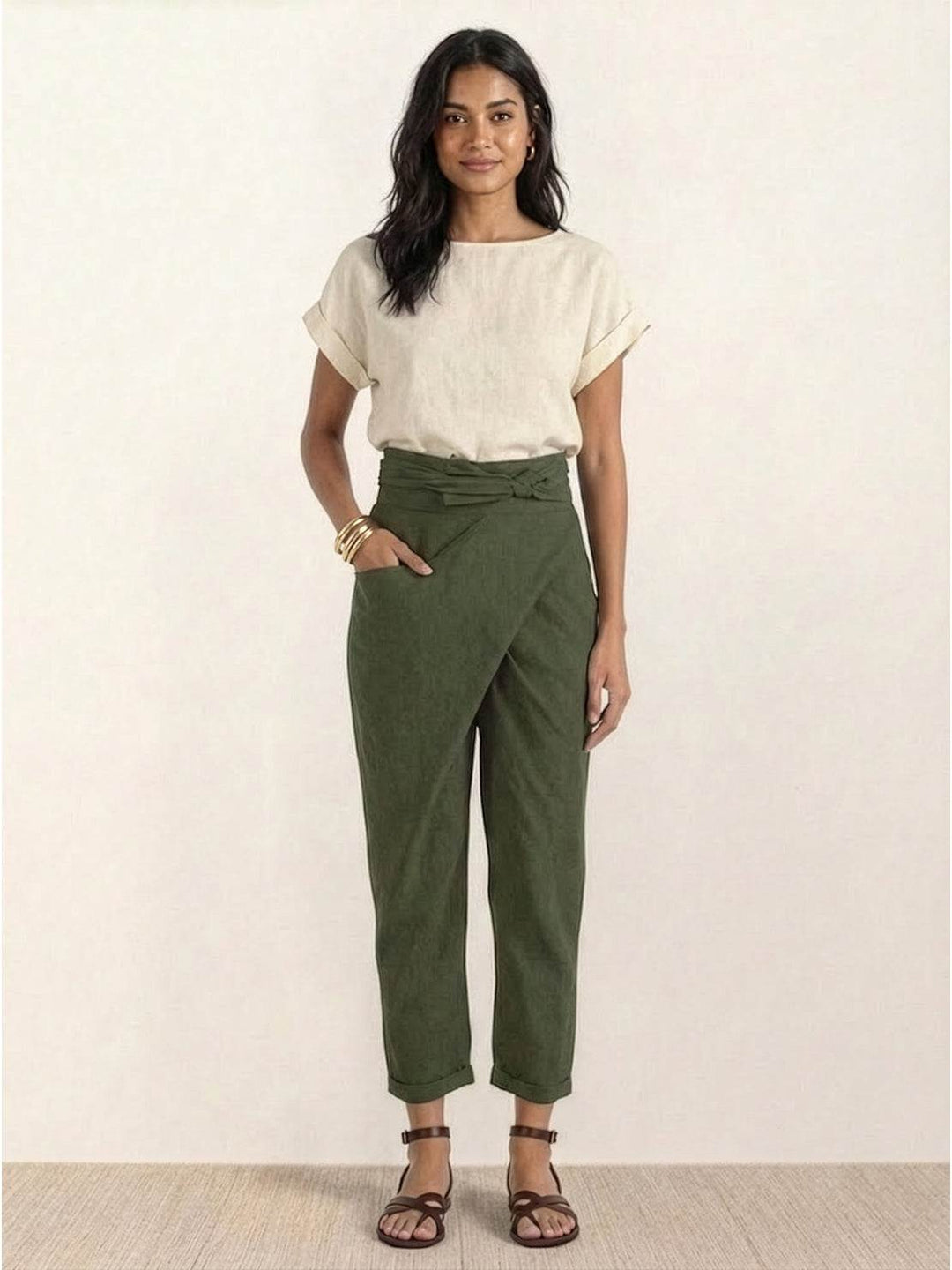 Women's High Waist Wrap Front Cropped Tapered Pants