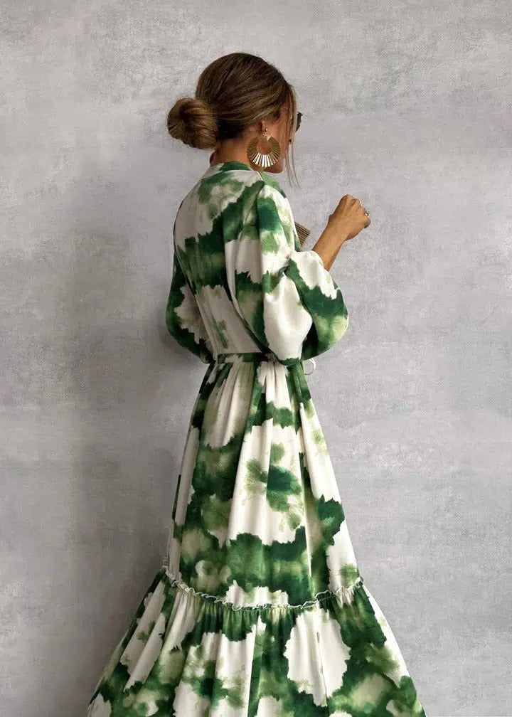 Women's Tie-Dye Belted Long Sleeve Tiered Maxi Dress