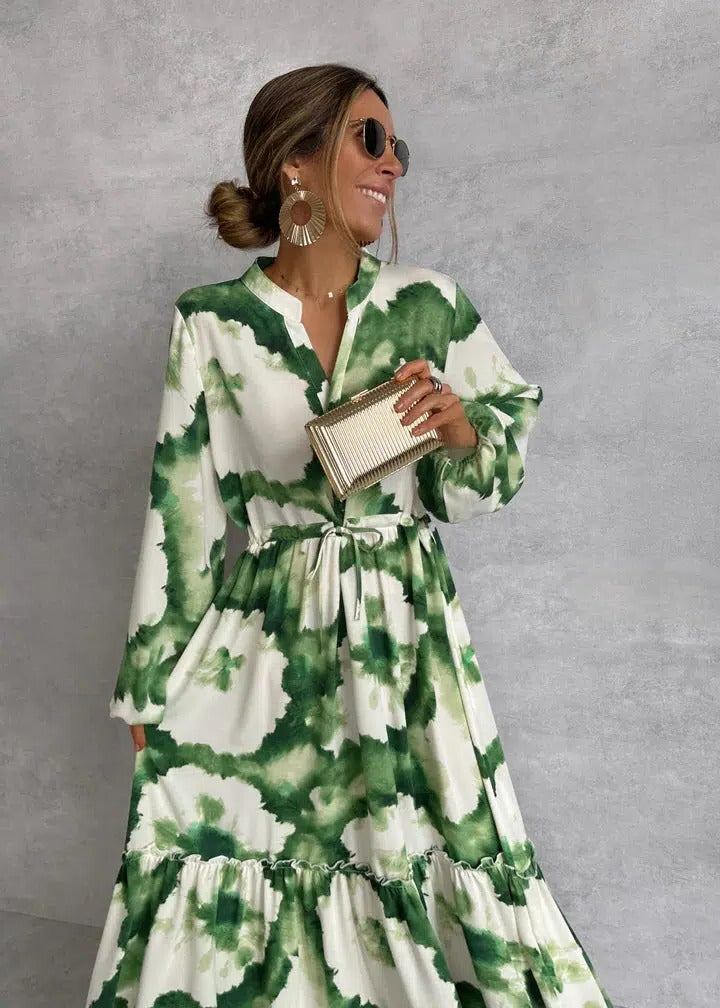 Women's Tie-Dye Belted Long Sleeve Tiered Maxi Dress
