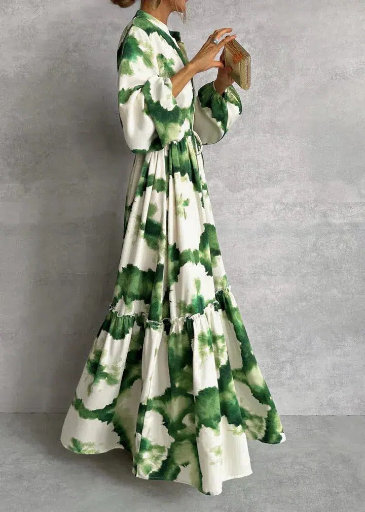 Women's Tie-Dye Belted Long Sleeve Tiered Maxi Dress