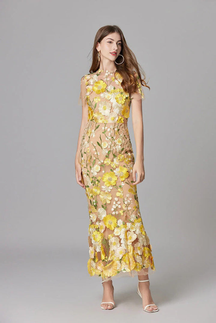 Women's 3D Floral Appliqué Sheer Mesh Sleeveless Maxi Dress