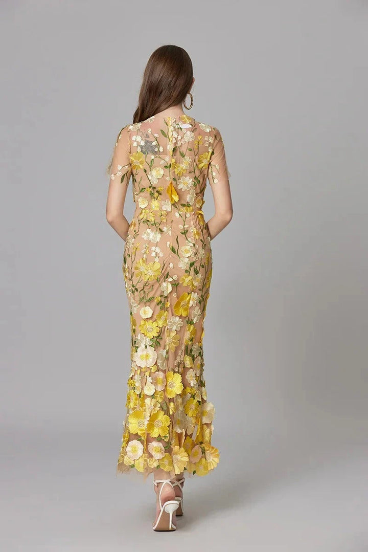Women's 3D Floral Appliqué Sheer Mesh Sleeveless Maxi Dress