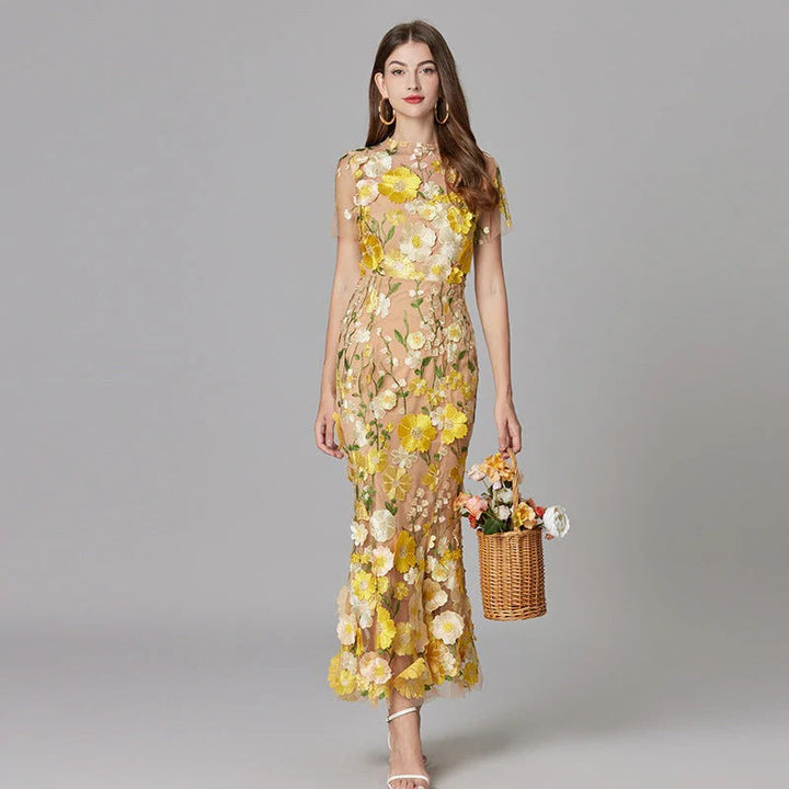 Women's 3D Floral Appliqué Sheer Mesh Sleeveless Maxi Dress