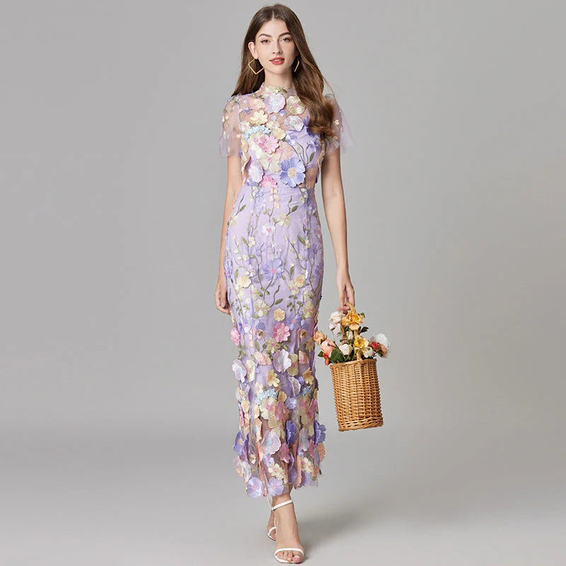 Women's 3D Floral Appliqué Sheer Mesh Sleeveless Maxi Dress
