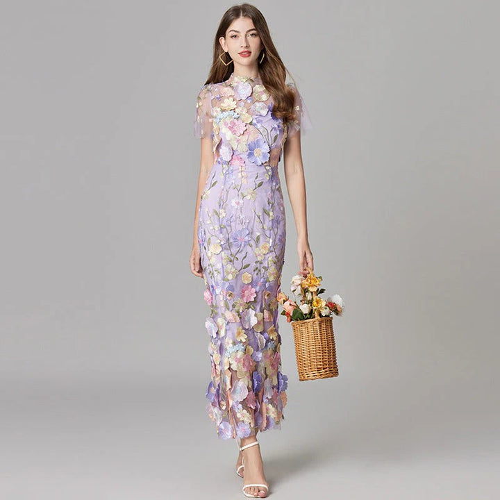 Women's 3D Floral Appliqué Sheer Mesh Sleeveless Maxi Dress
