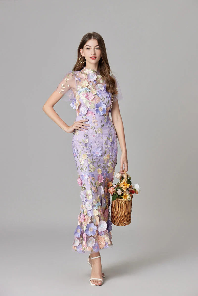 Women's 3D Floral Appliqué Sheer Mesh Sleeveless Maxi Dress