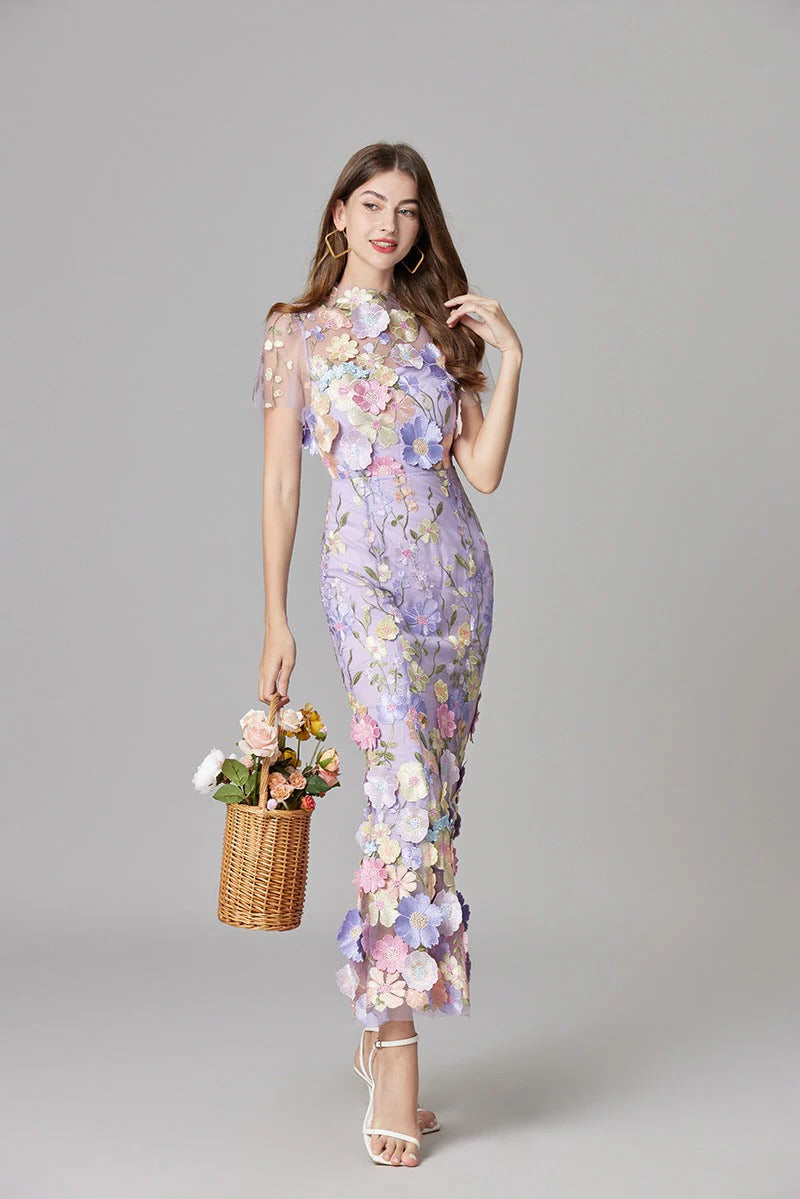 Women's 3D Floral Appliqué Sheer Mesh Sleeveless Maxi Dress