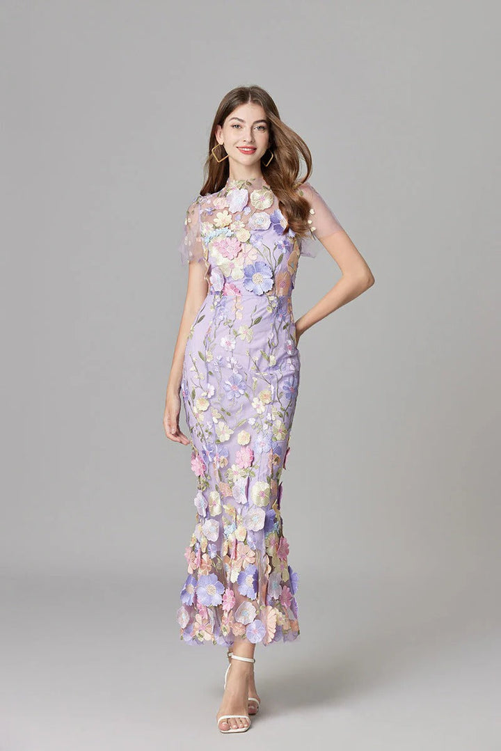 Women's 3D Floral Appliqué Sheer Mesh Sleeveless Maxi Dress