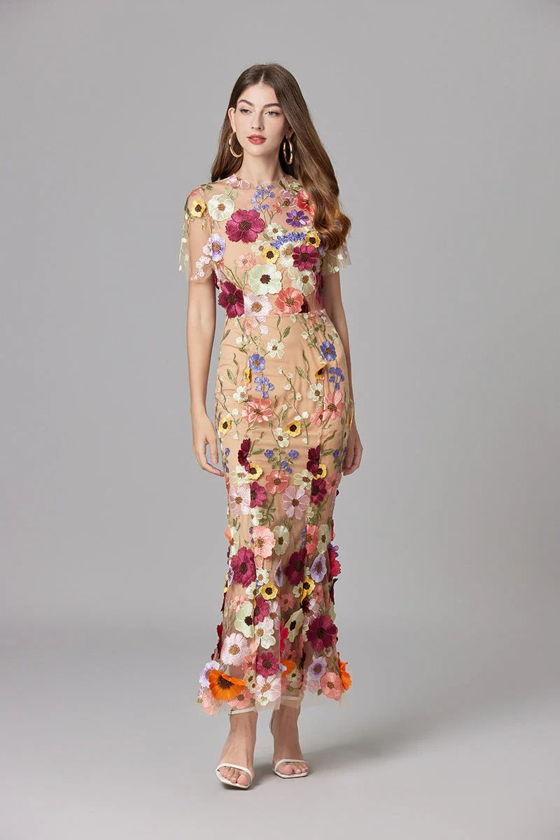 Women's 3D Floral Embroidered Sleeveless Maxi Dress