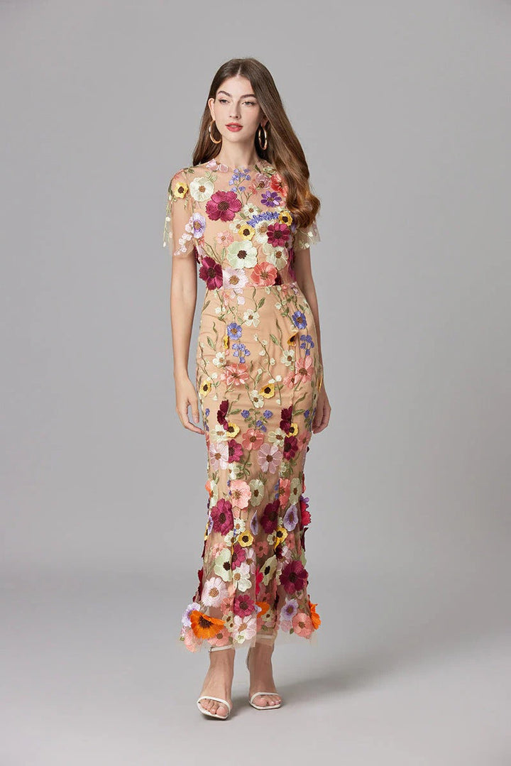 Women's 3D Floral Appliqué Sheer Mesh Sleeveless Maxi Dress
