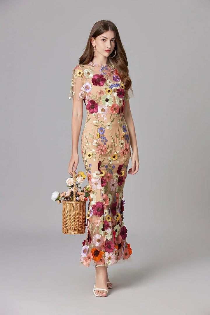 Women's 3D Floral Embroidered Sleeveless Maxi Dress