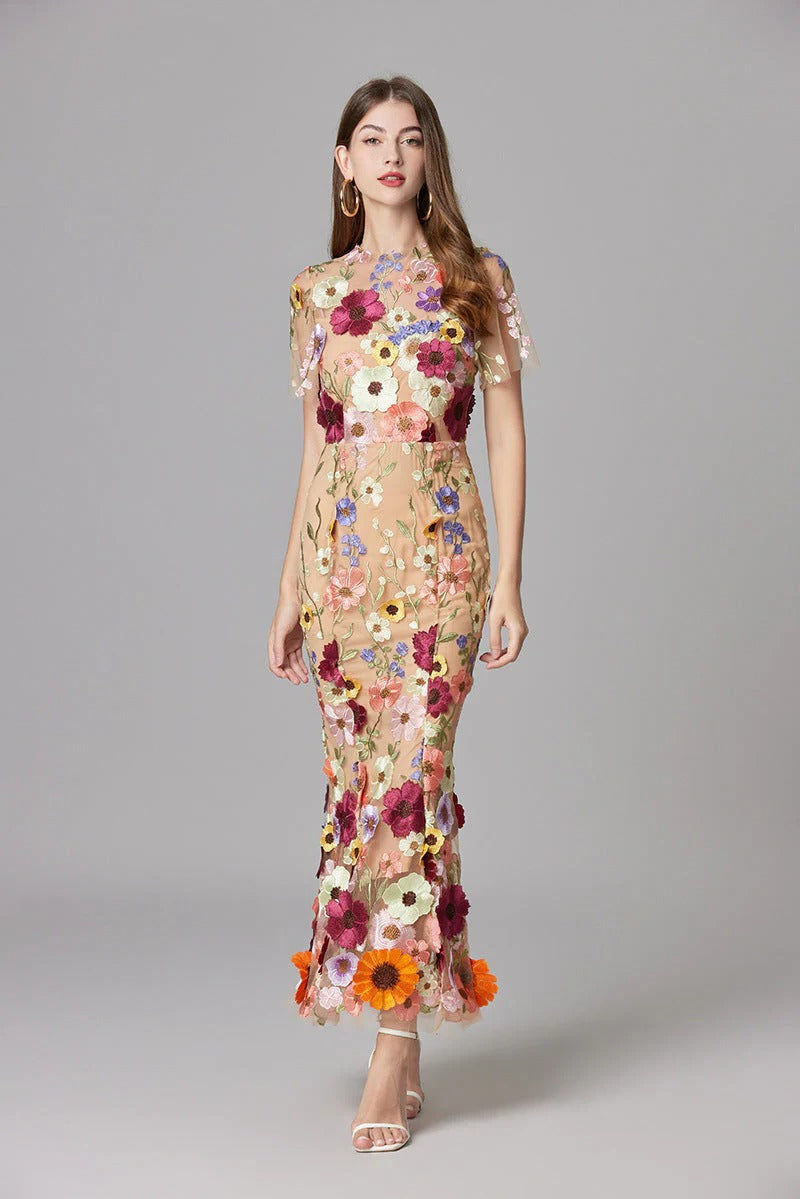 Women's 3D Floral Appliqué Sheer Mesh Sleeveless Maxi Dress