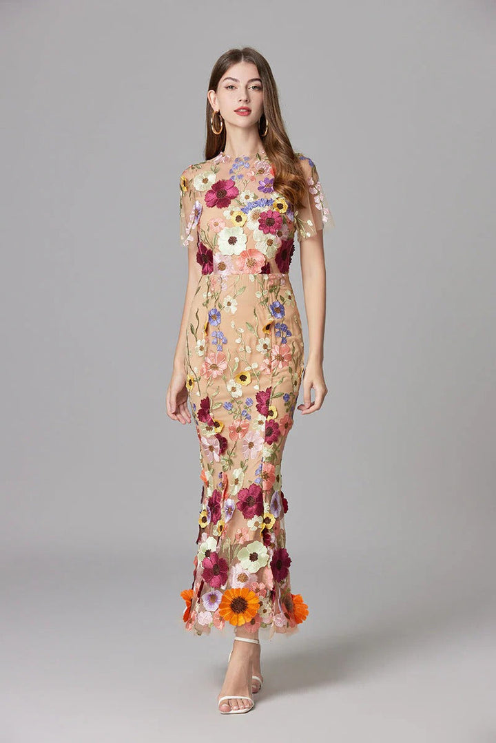 Women's 3D Floral Appliqué Sheer Mesh Sleeveless Maxi Dress