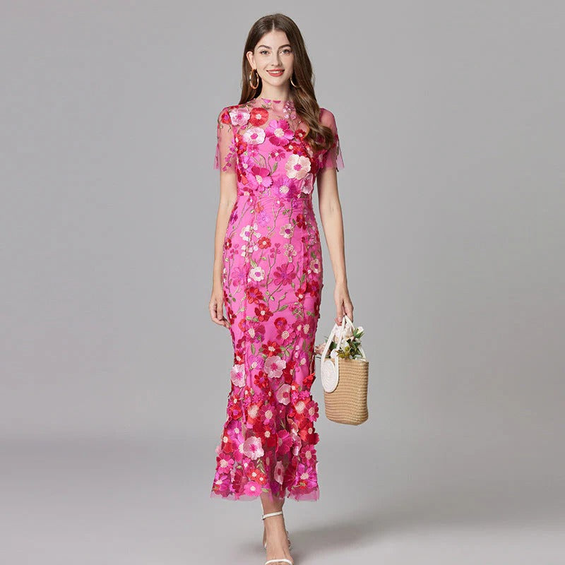 Women's 3D Floral Appliqué Sheer Mesh Sleeveless Maxi Dress