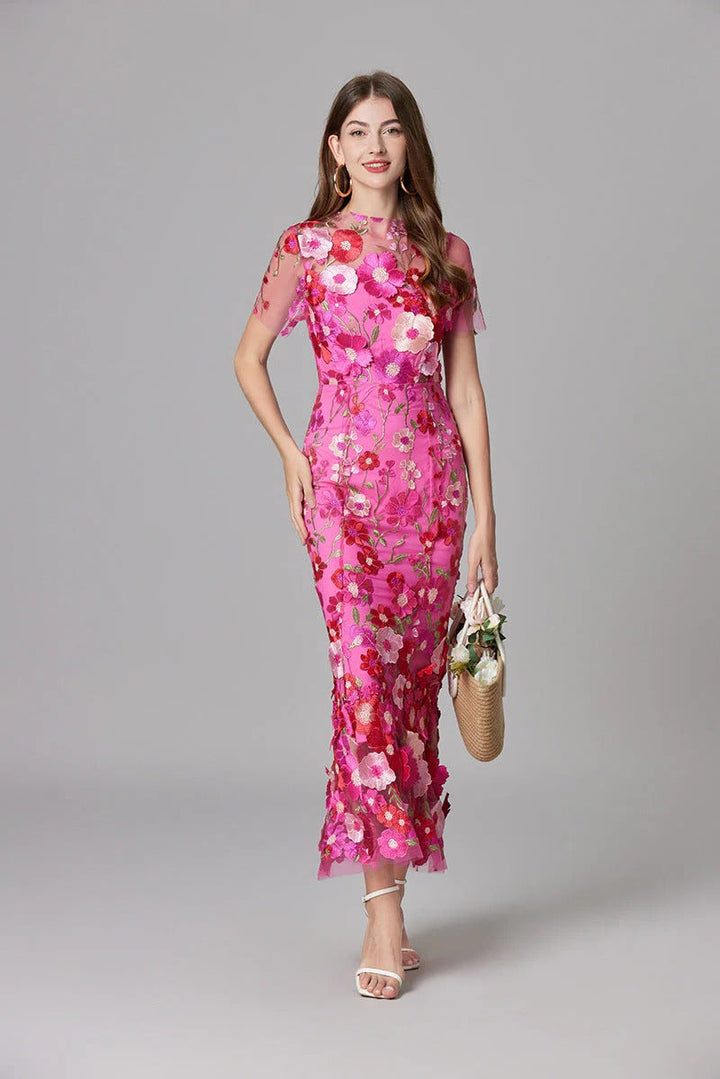 Women's 3D Floral Appliqué Sheer Mesh Sleeveless Maxi Dress
