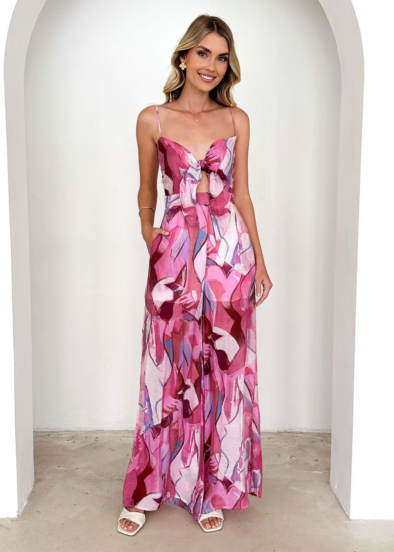 Women's Chic Printed Suspender Strap Long Dress