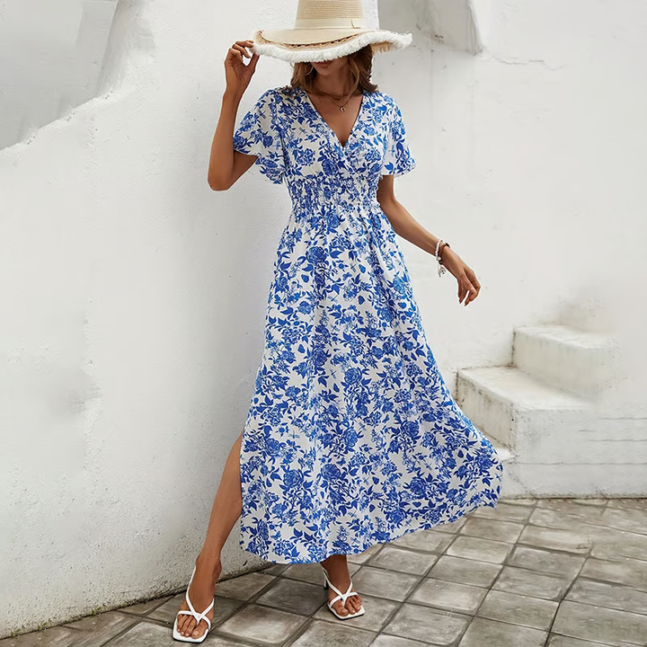 Women's Bohemian V-Neck Blue Beach Dress