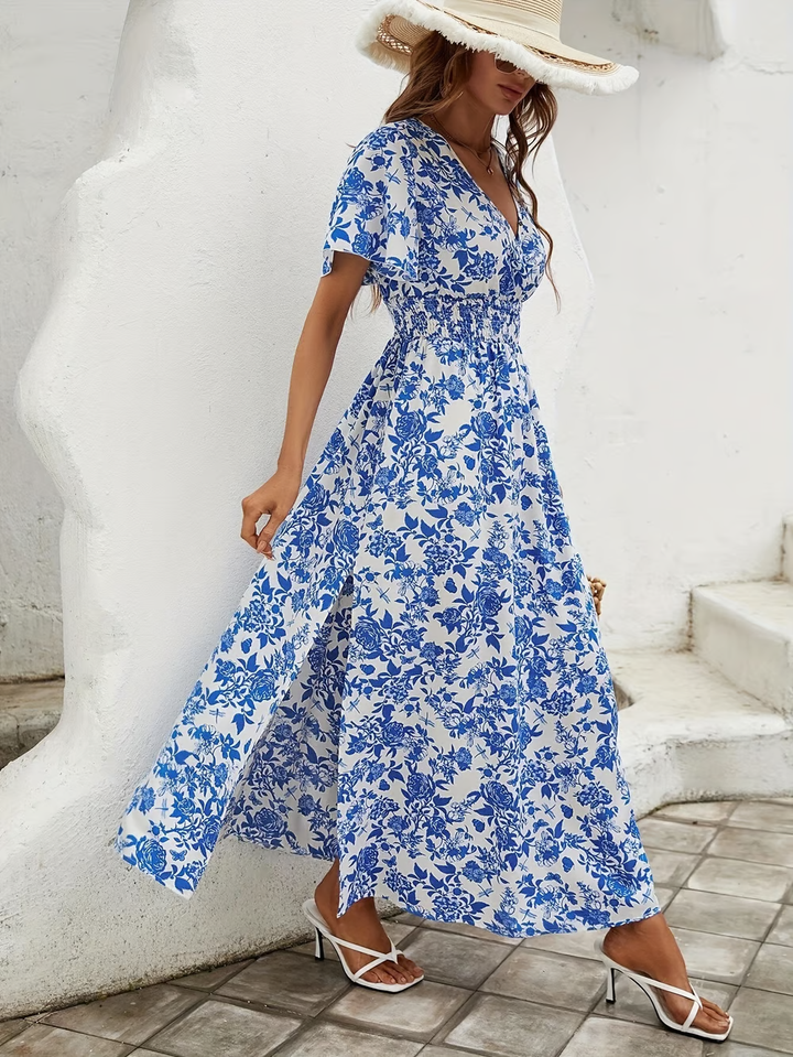 Women's Bohemian V-Neck Blue Beach Dress