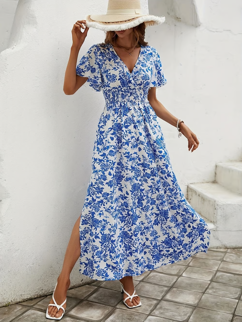 Women's Bohemian V-Neck Blue Beach Dress