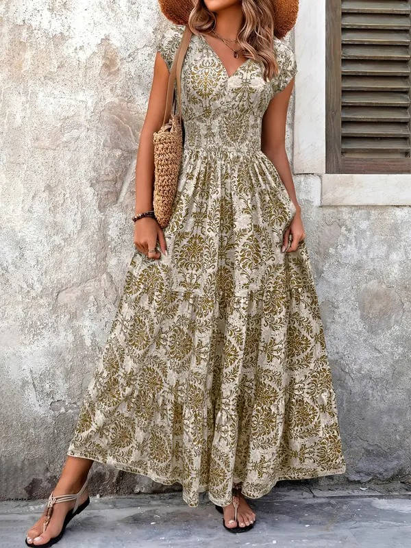Women's Smocked Boho Print Tiered Maxi Dress