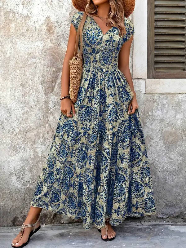Women's Smocked Boho Print Tiered Maxi Dress