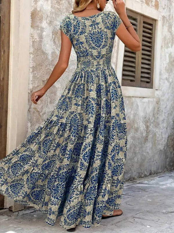 Women's Smocked Boho Print Tiered Maxi Dress