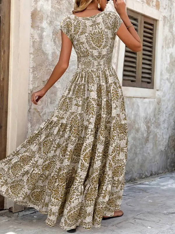 Women's Smocked Boho Print Tiered Maxi Dress
