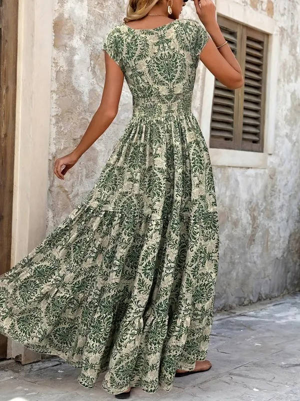 Women's Smocked Boho Print Tiered Maxi Dress